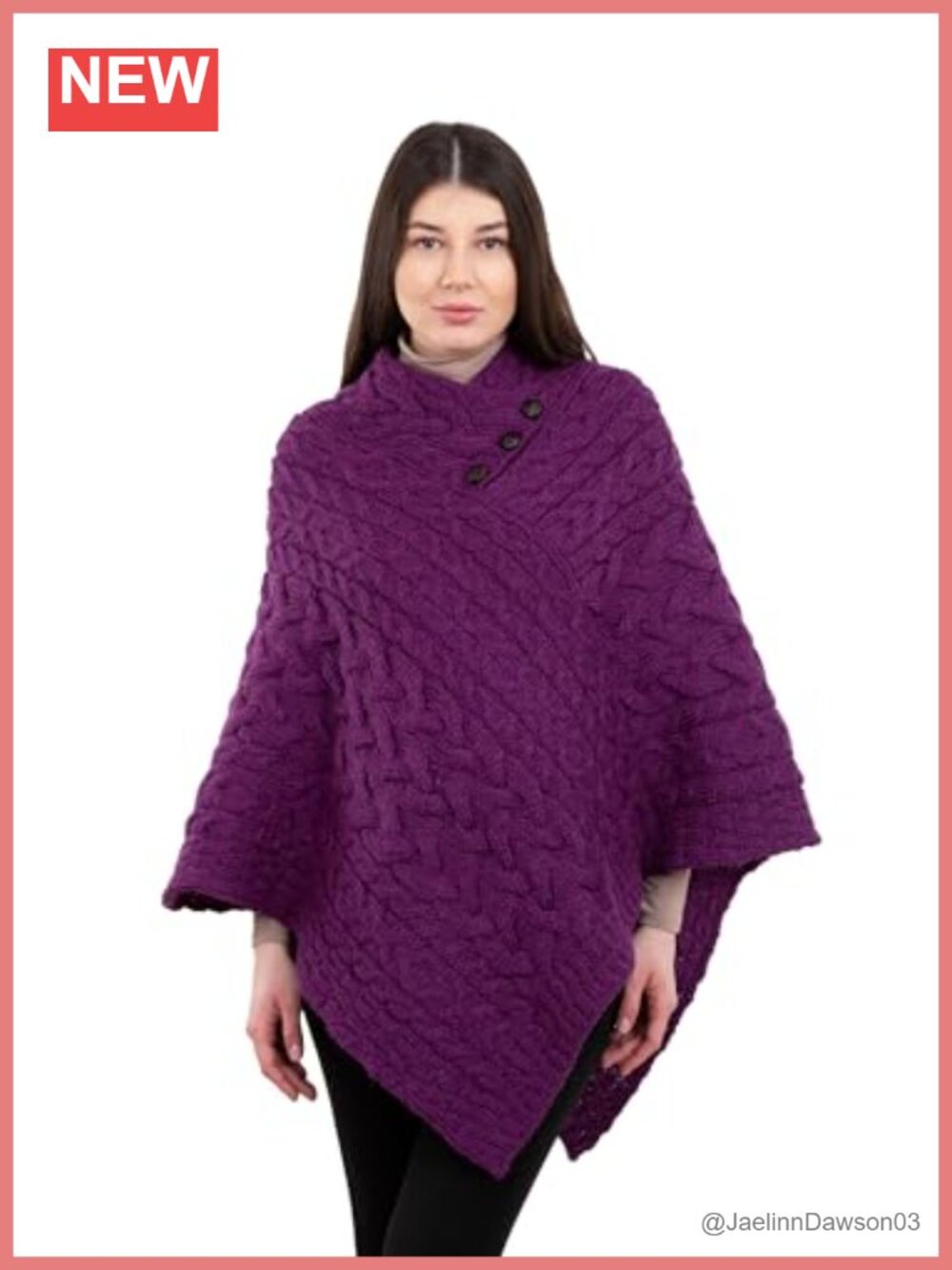 Aran Poncho 100% Virgin Wool Cable Knit Wrap with Buttons Shawl Collar